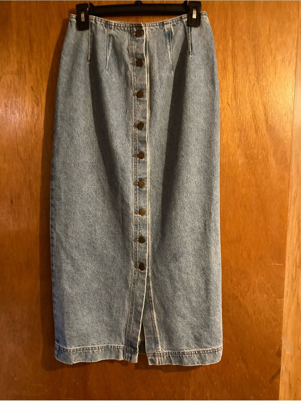 Classic Light Blue Denim Button-Front Midi Skirt Karen Kane